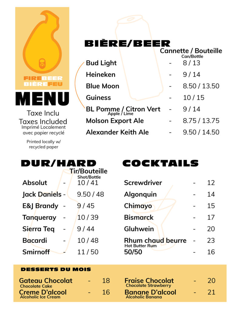 Flat image of firebeer bar menu.