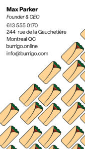 Portrait oriented business card with contact info and burritos.