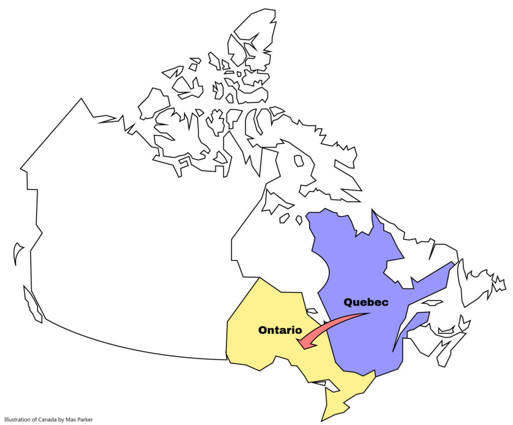 In illustration of Canada illustrated by Max parker. Quebec and Ontario are colored while the rest are blank. There is a red arrow going from Quebec to Ontario.